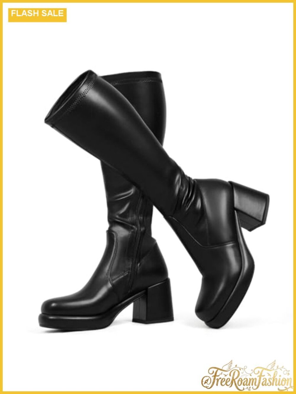 Women Knee High Platform Chunky Heel Tall Boots Suede Side Zipper Stretch